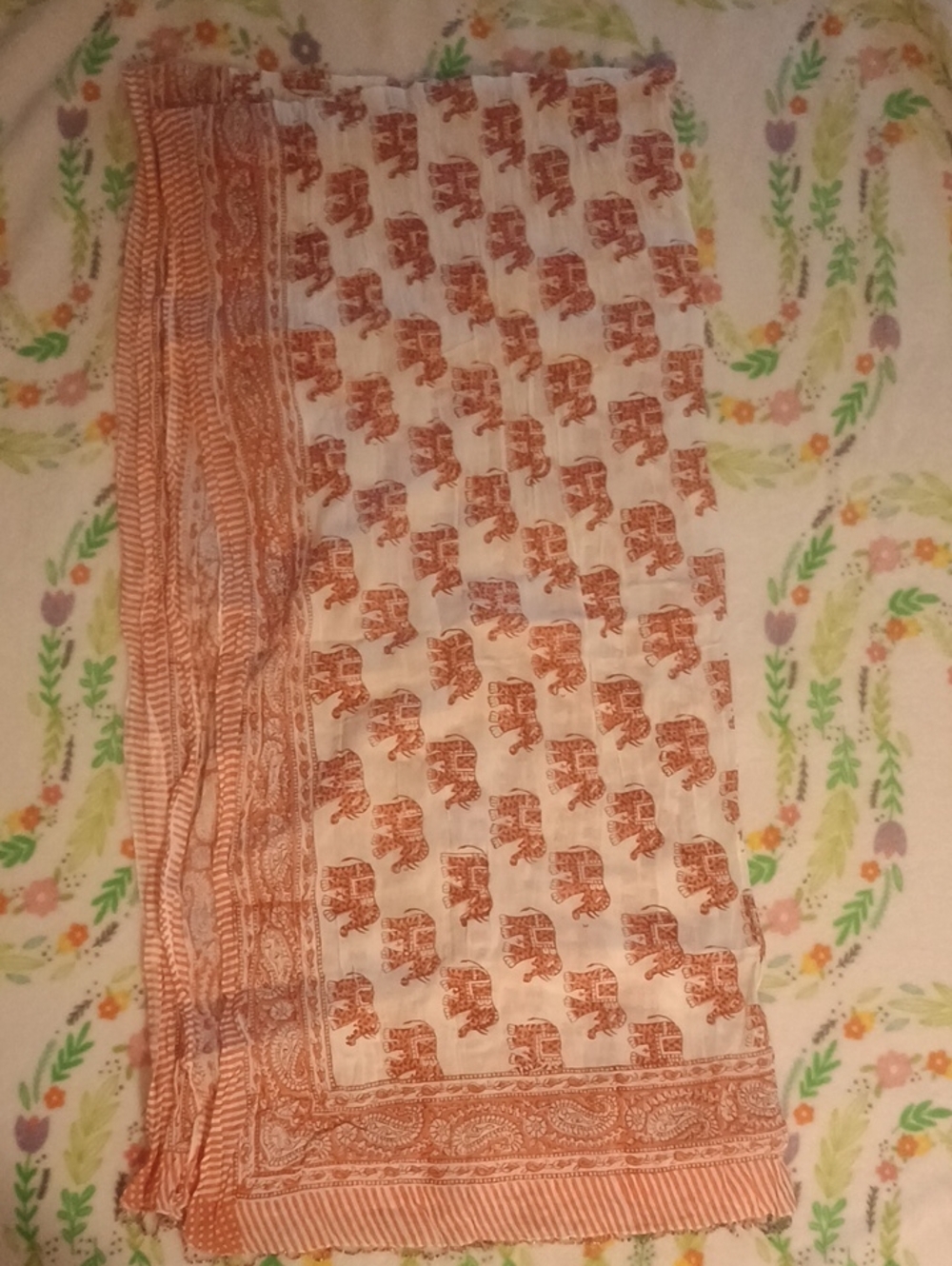 Lightweight White Dupatta Scarf with Terracotta Elephant Print